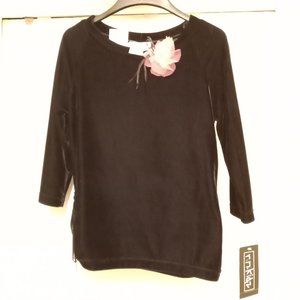 NWT R.N. Kidz Black Velour Dressy Top With Pink Flower